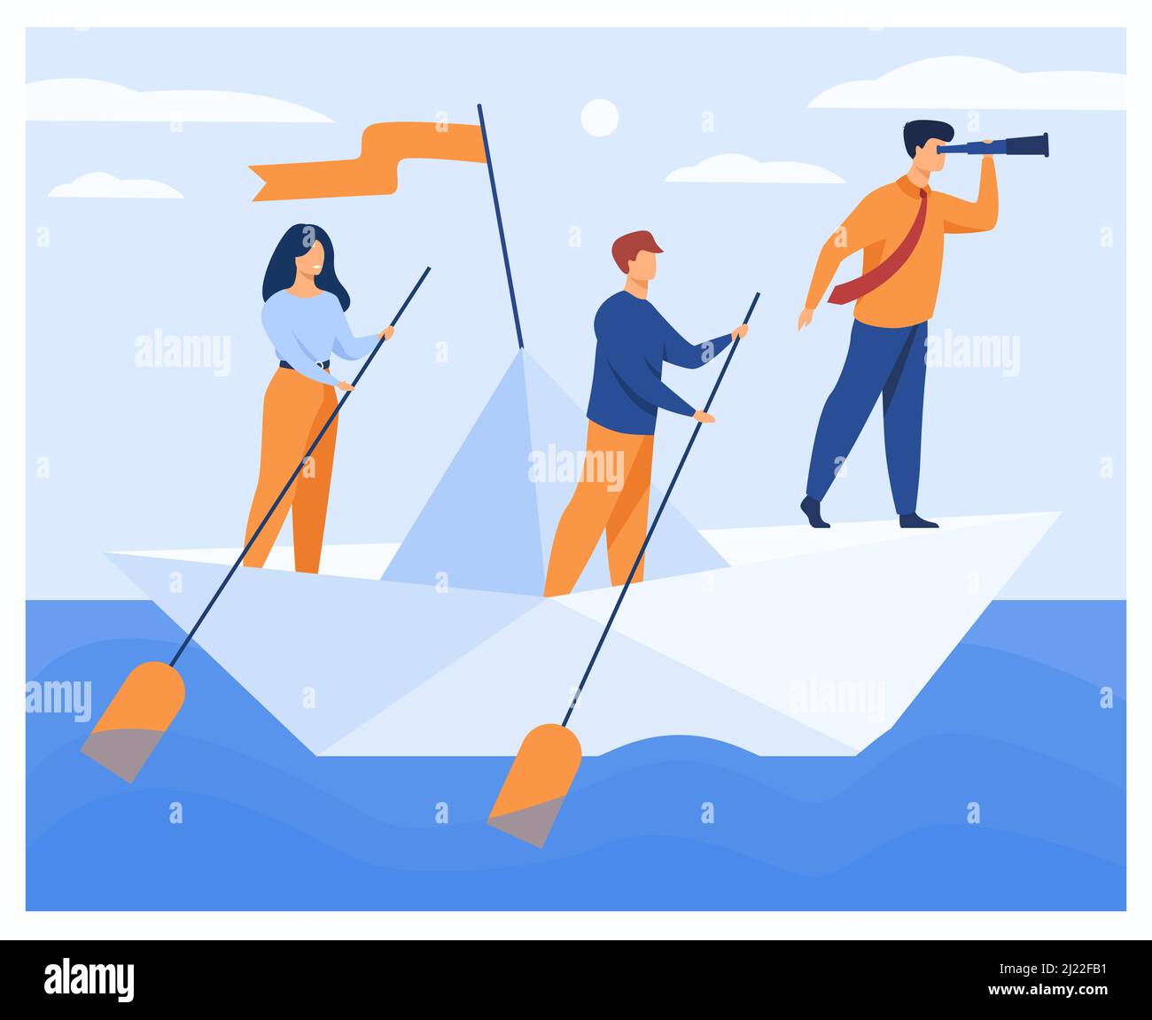 Équipe d'affaires rasant le bateau d'entreprise avec des pagaies tandis que le patron avec le spyglass regardant loin. Illustration vectorielle pour la planification, l'investissement, le marketing, l'opération Illustration de Vecteur