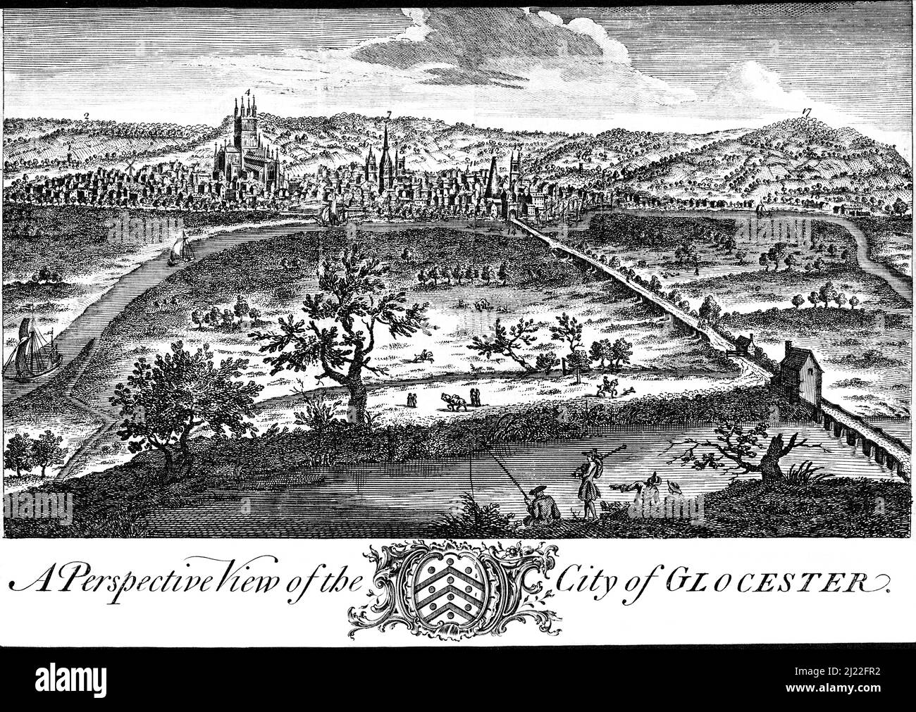 Une vue en perspective de la ville de Glocester (Gloucester) Royaume-Uni numérisé à haute résolution à partir d'un magazine imprimé en 1750. Banque D'Images