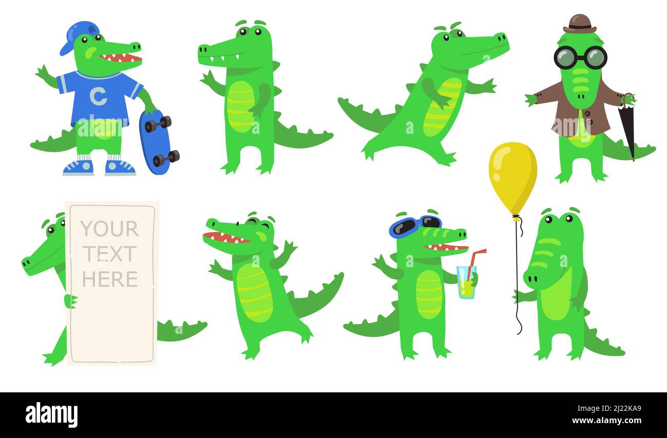 Jeu d'icônes plates de divers caractères crocodiles verts. Caricature drôle d'alligator ou de reptiles d'amphibiens sauvages dans différentes poses vecteur isolé illustration co Illustration de Vecteur