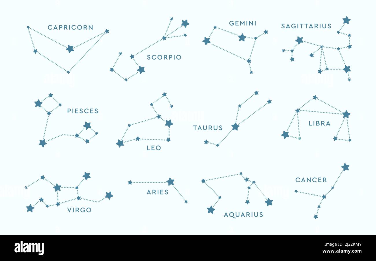 Divers signes du zodiaque ensemble d'icônes plates. Horoscope constellations de poissons, Scorpion, Taurus, Virgo, Capricorne collection d'illustrations vectorielles. Carte du ciel et Illustration de Vecteur