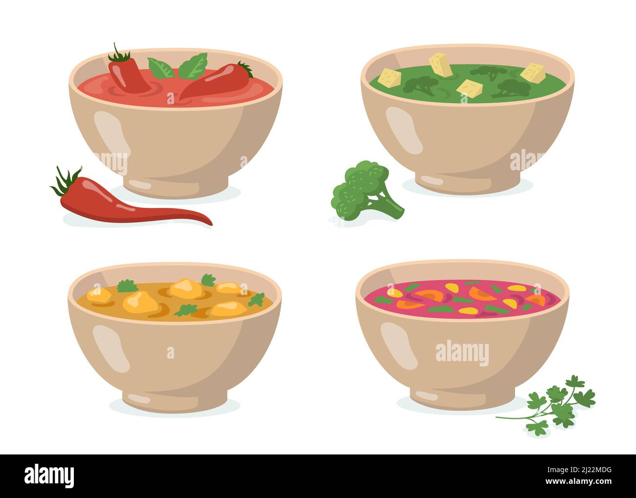 Ensemble de bols de soupes. Gazpacho de tomates au piment rouge, purée verte de brocoli, curry aux champignons, borscht traditionnel. Pour la cuisson des légumes, crea Illustration de Vecteur