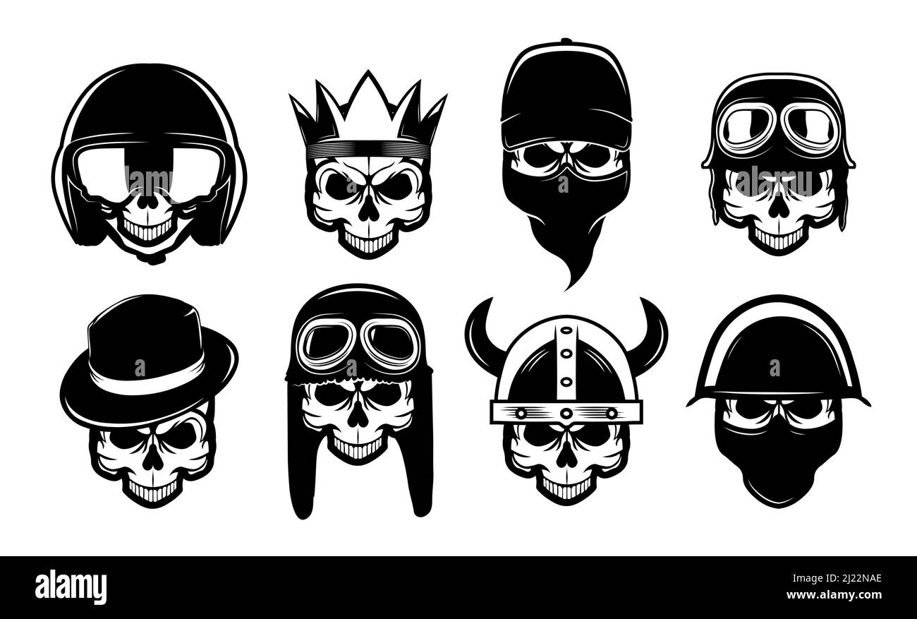 Différents crânes noirs en bandana, chapeau ou casque ensemble d'icône plate. Symboles rock de motards pour la collection d'illustrations vectorielles de tatouage ou de moto. Rebel, un Illustration de Vecteur