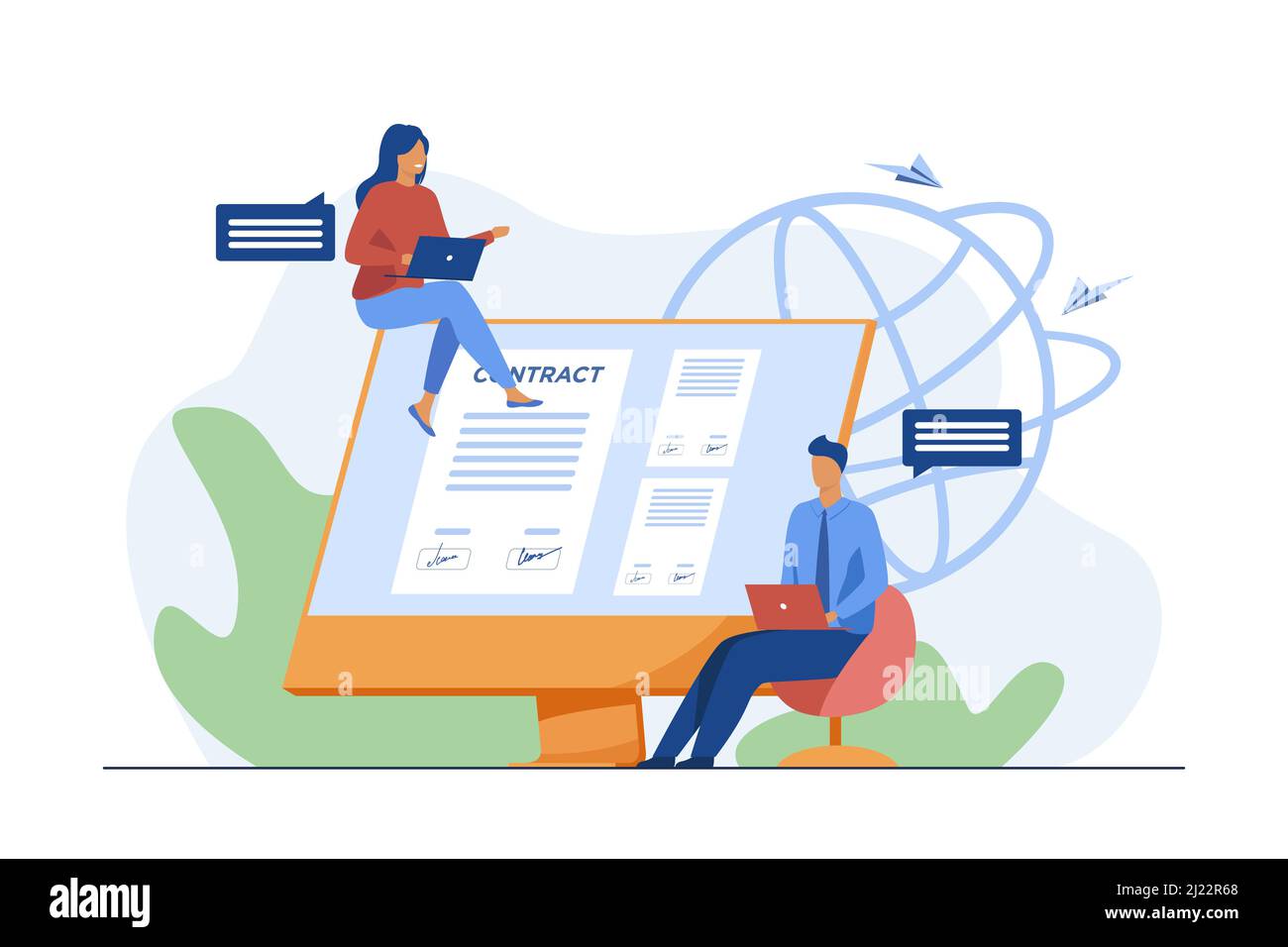 Partenaires signant le contrat en ligne. Personnes parlant à l'écran avec un document avec des signatures illustration vectorielle plate. Internet, concept commercial mondial Illustration de Vecteur