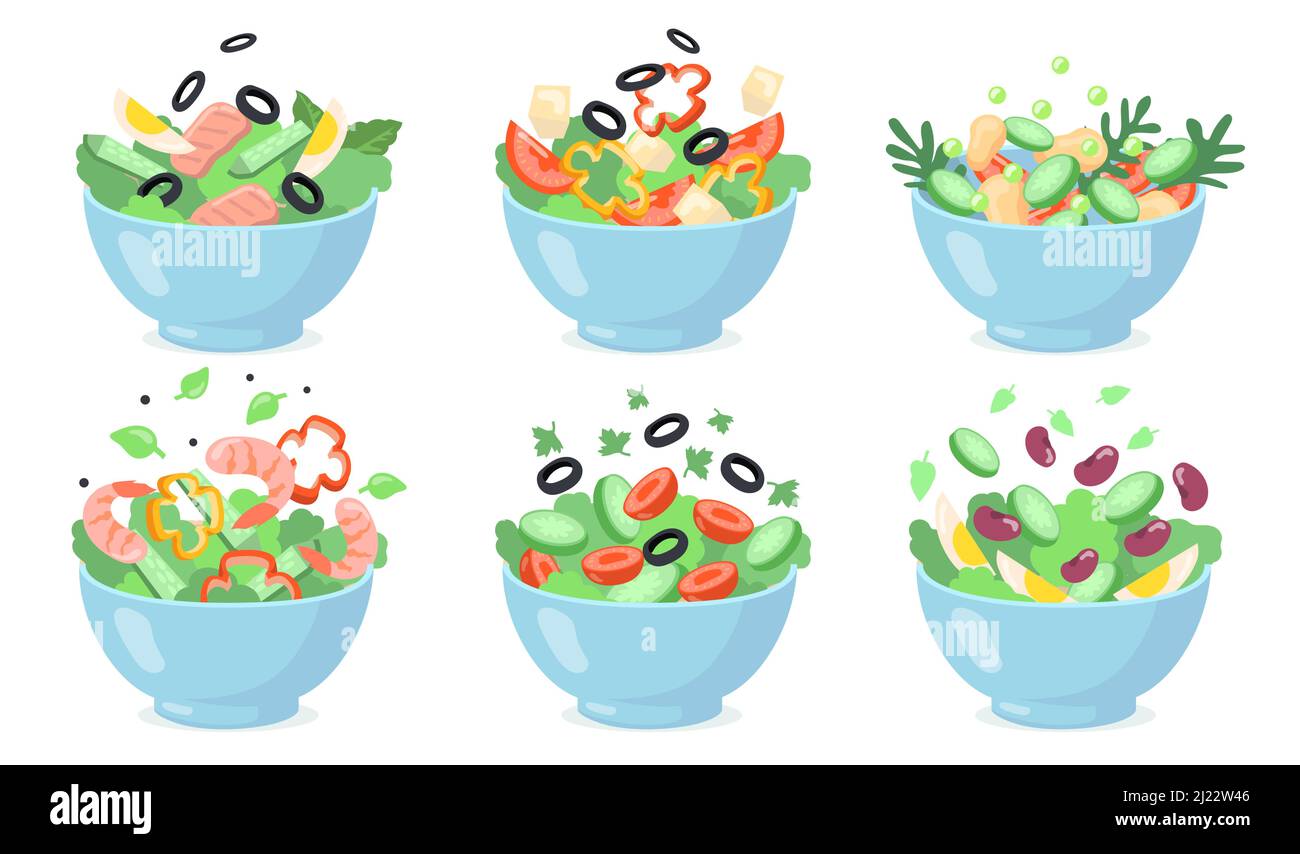 Ensemble de bols à salade. Couper les légumes verts avec des œufs, des olives, du fromage, des haricots, des crevettes. Illustrations vectorielles pour les aliments frais, les aliments sains, l'apéritif, le déjeuner Illustration de Vecteur