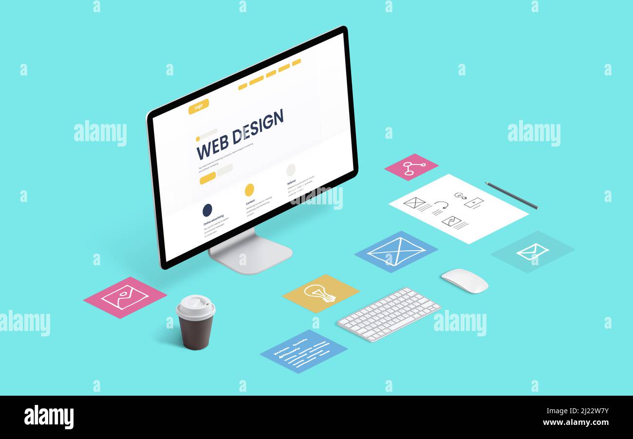 Web design Company mise en page vue isométrique bureau d'ordinateur. Page des pièces sur le bureau de travail bleu Banque D'Images