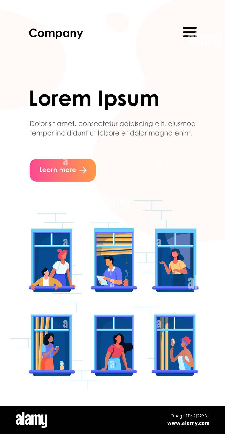 Immeuble d'appartements avec des personnes dans des espaces à fenêtre ouverte. Voisins buvant du café, parlant, en utilisant la cellule. Illustration vectorielle pour bloc de plat, condo, ne Illustration de Vecteur