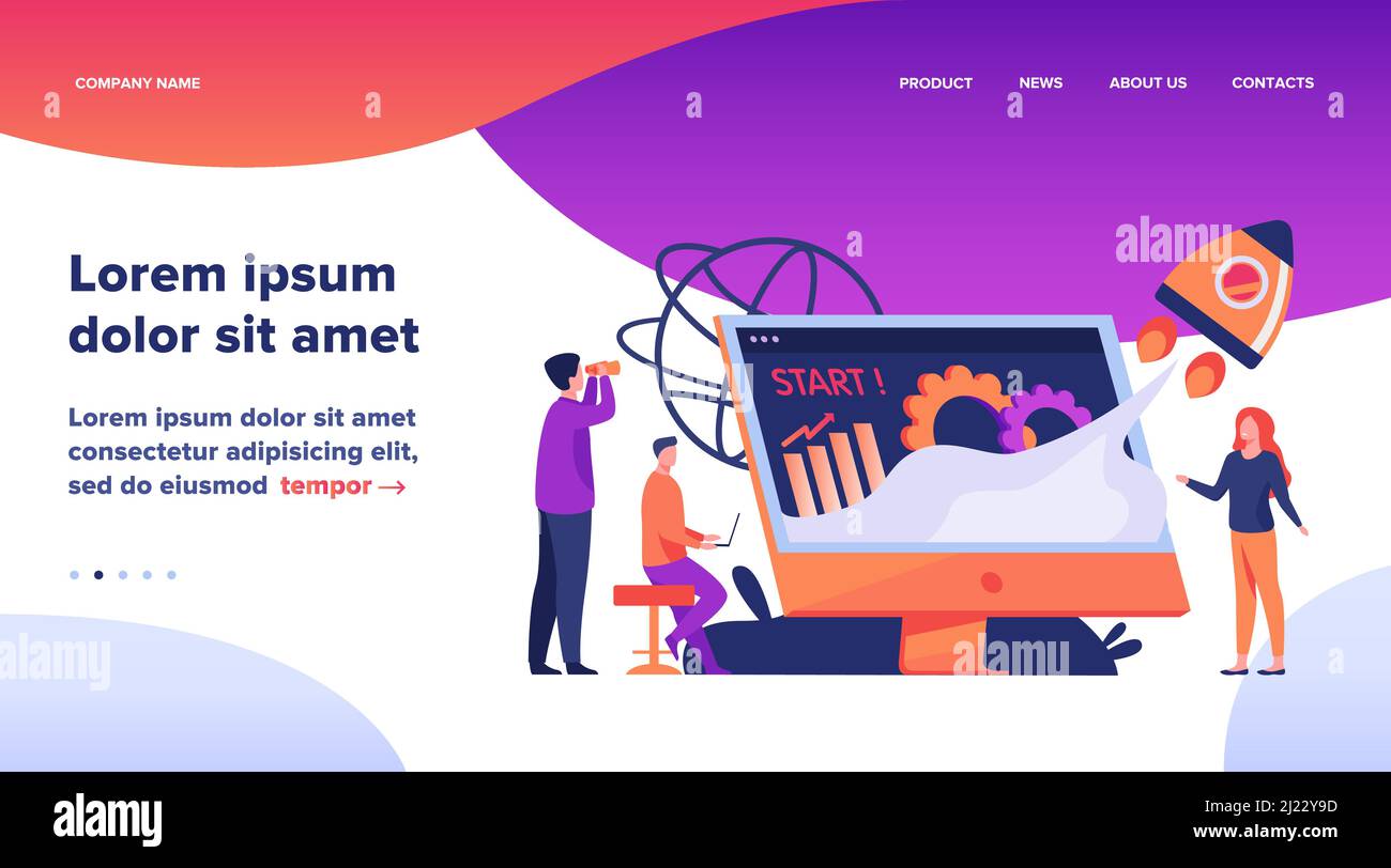 Projet de départ d'équipe. Groupe de travail sur le démarrage, lancement de fusée à partir de l'écran avec graphique de croissance. Illustration vectorielle pour le nouveau concept d'entreprise Illustration de Vecteur