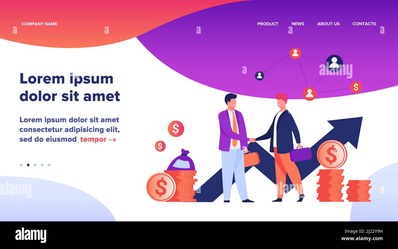 Deux partenaires commerciaux se sont associés à une illustration vectorielle plate. Les hommes d'affaires caricatures concluent un accord pour réussir. Partenariat, travail d'équipe et négociation Illustration de Vecteur