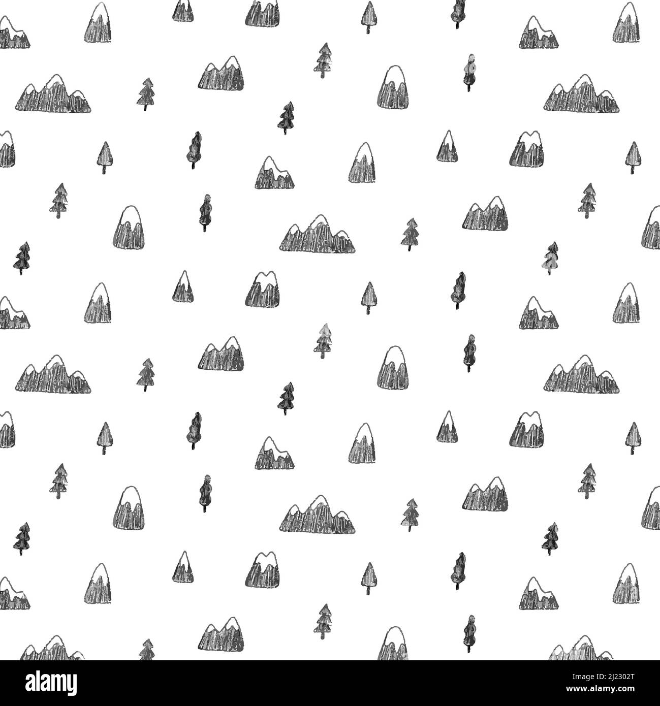 Illustration vectorielle dessinée à la main du motif de montagne et d'arbre dans un style de dessin. Arrière-plan de forêt mignon en noir et blanc. Banque D'Images