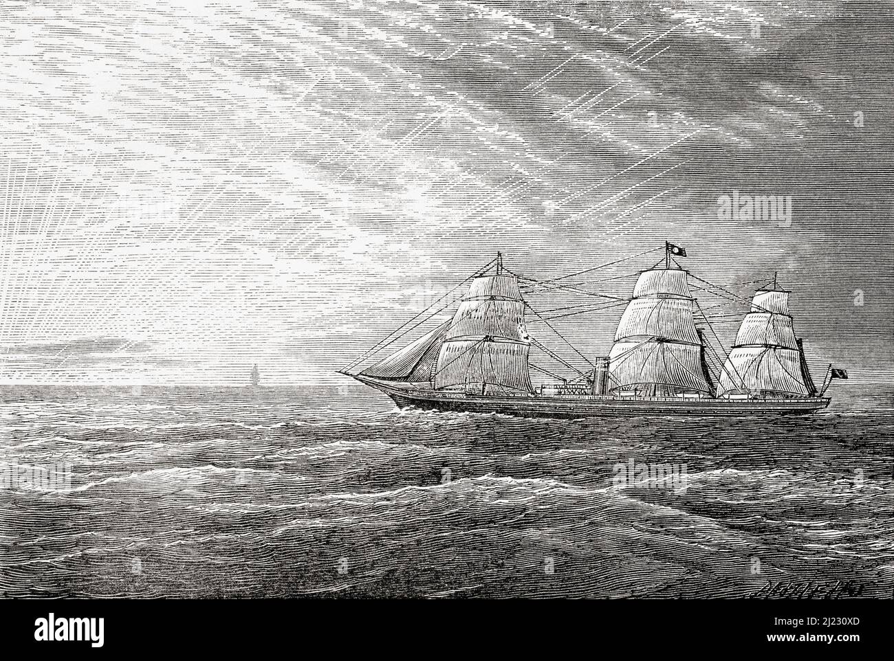 Lever du soleil dans le Pacifique - navire à vapeur utilisé par G. Sutherland Dodman lors de son voyage autour du monde en 1879. From A Voyage Round le monde en 500 jours, publié 1879 Banque D'Images