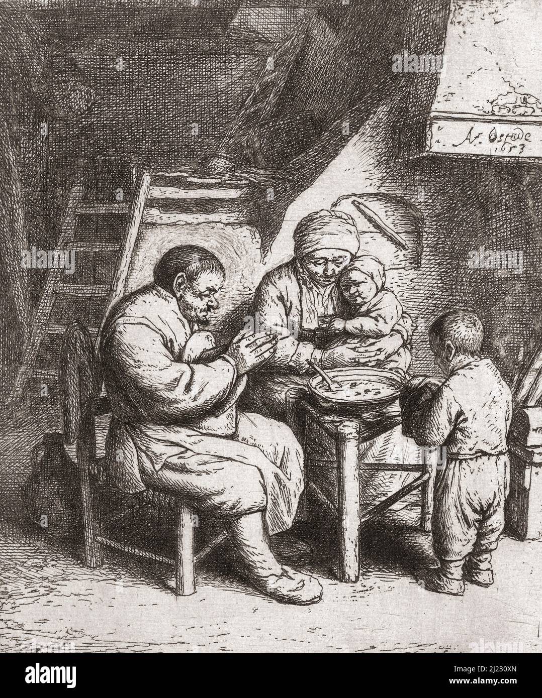 Une famille paysanne pauvre dit grâce avant de commencer leur repas à partir d'une assiette commune. Après une oeuvre d'Adriaen van Ostade en date de 1653. Banque D'Images