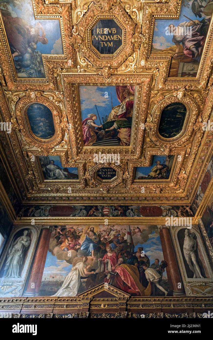 Plafond décoré, fresque et peinture de plafond, intérieur, Palais des Doges, Palazzo Ducale, Venise,Vénétie, Italie Banque D'Images