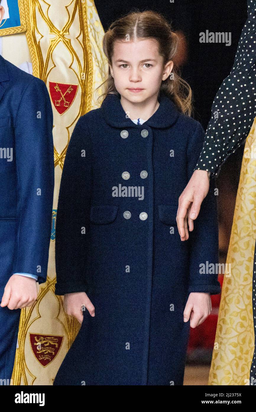 Londres, Royaume-Uni, le 29 mars 2022, la princesse Charlotte de Cambridge quitte à l'abbaye de Westminster à Londres, le 29 mars 2022, après avoir assisté au Service de Thanksgiving pour la vie du prince Philip, duc d'Édimbourg photo: Albert Nieboer/pays-Bas OUT/point de vue OUT Banque D'Images
