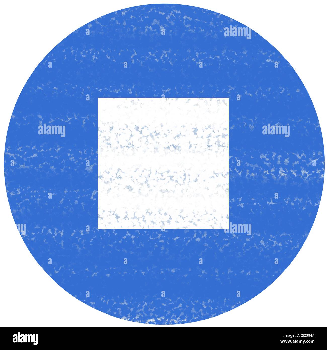 Illustration d'un carré blanc à l'intérieur d'un cercle bleu représentant un bouton d'arrêt d'un lecteur multimédia. Le tracé de couleur imite les coups de pinceau. Banque D'Images