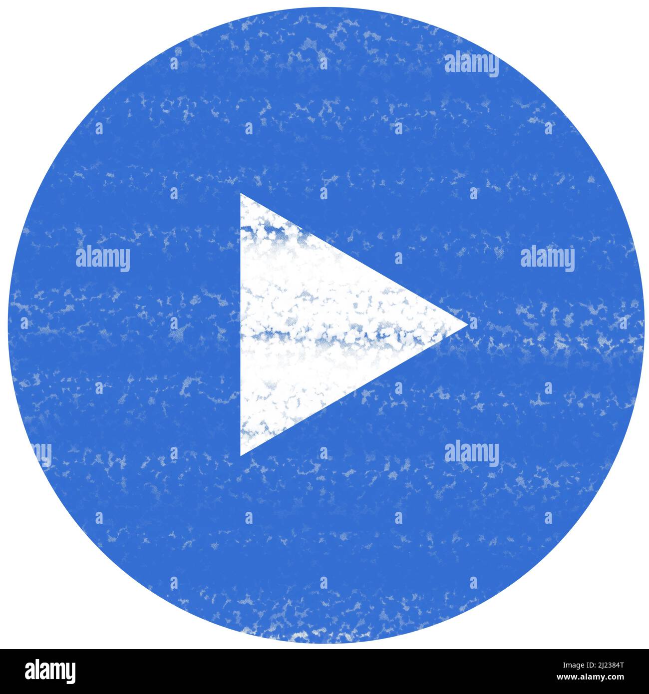 Illustration d'un triangle blanc à l'intérieur d'un cercle bleu représentant un bouton de lecture d'un lecteur multimédia. Le tracé de couleur imite les coups de pinceau. Il c Banque D'Images