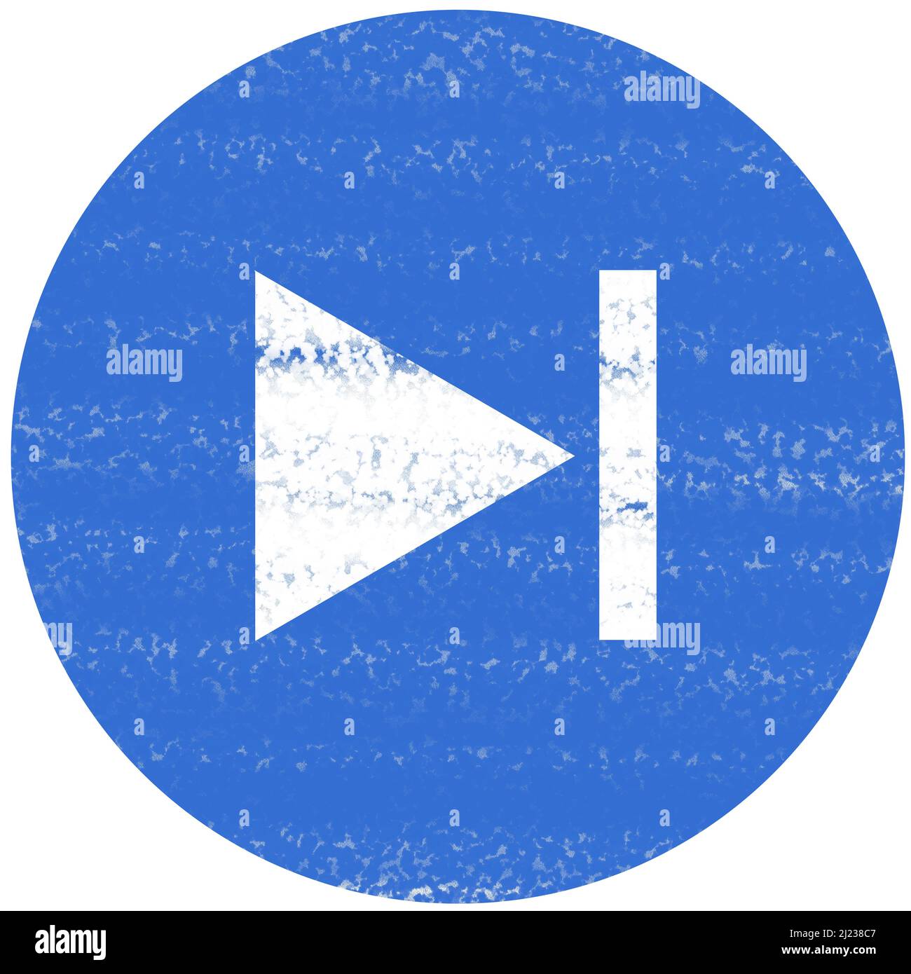 Illustration d'un triangle blanc et d'une barre à l'intérieur d'un cercle bleu représentant un bouton de piste suivante d'un lecteur multimédia. Il peut être inversé pour représenter un Banque D'Images