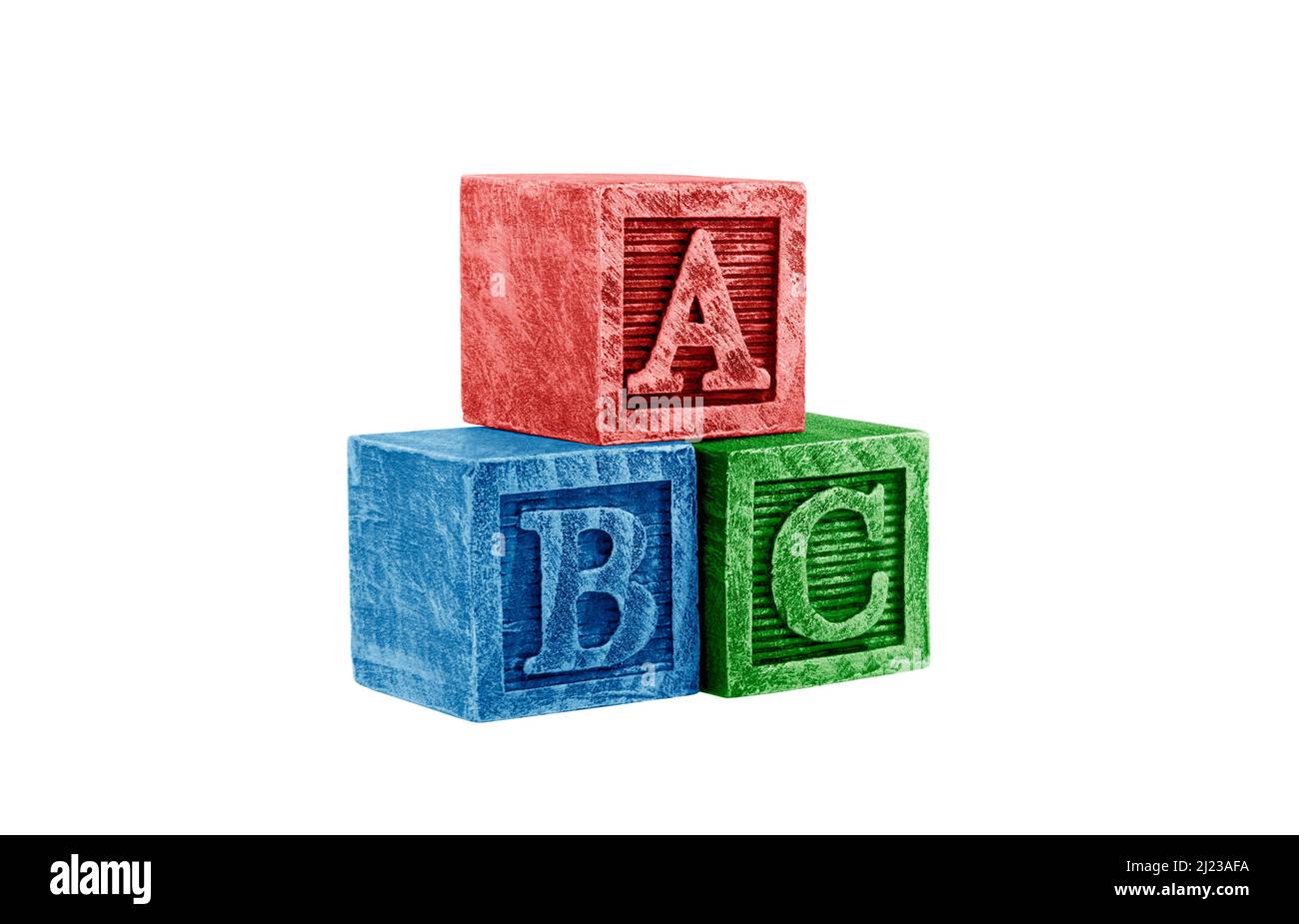Blocs d'alphabet en bois vintage isolés sur blanc avec passe-cheveux Banque D'Images