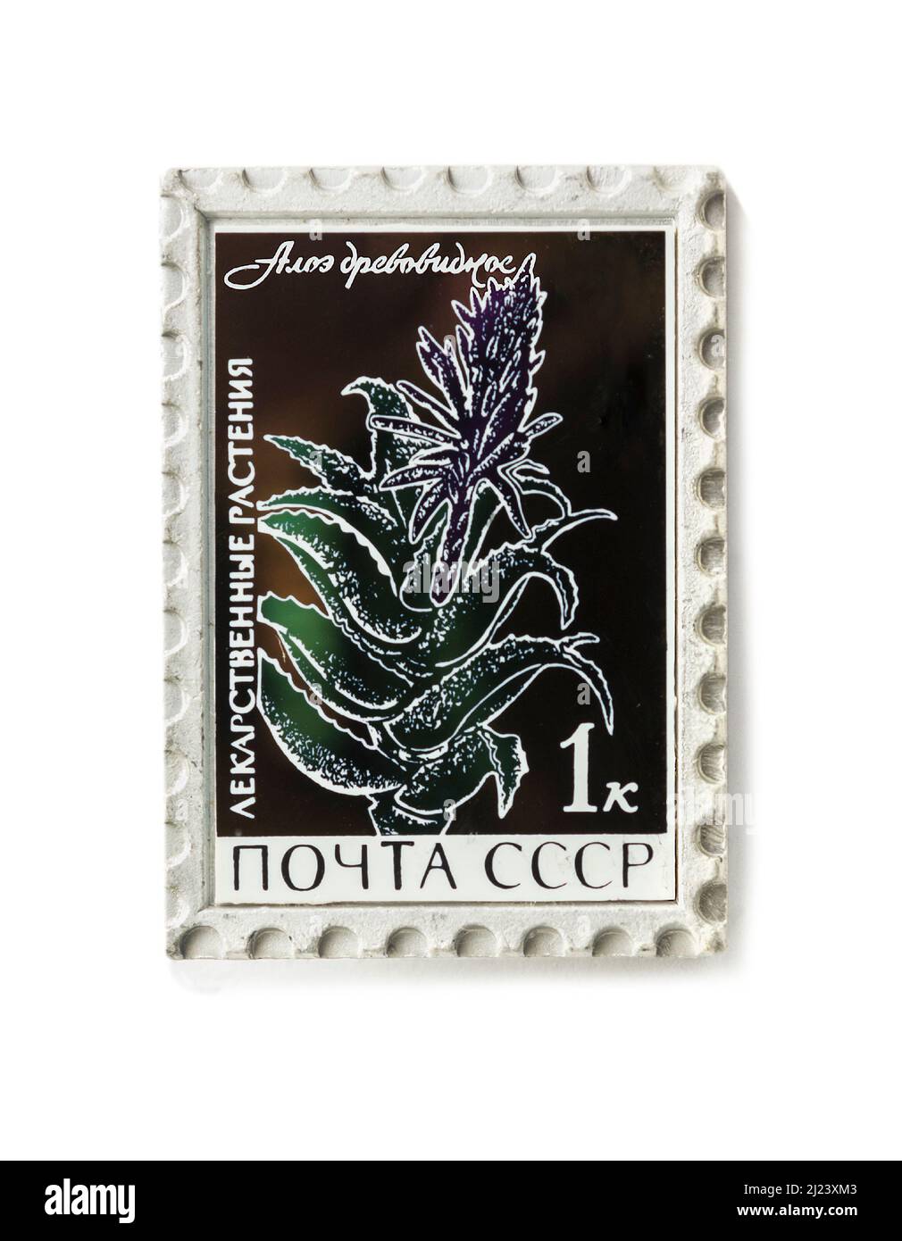 Moscou, Russie - 28 mars 2022 : l'insigne montre un timbre-poste soviétique avec une photo d'une plante médicinale. Inscriptions: Plantes médicinales. 'Carlet Banque D'Images