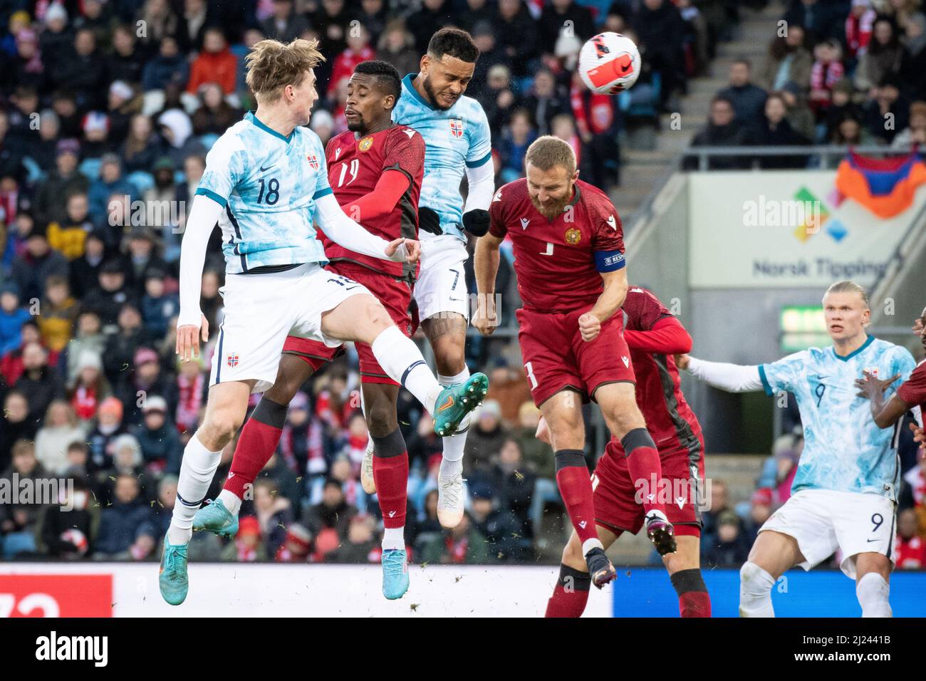 Oslo, Norvège. 29th mars 2022. Joshua King (7) de Norvège a obtenu 4-0 points lors du match de football amical entre la Norvège et l'Arménie à l'Ullevaal Stadion à Oslo. (Crédit photo : Gonzales photo/Alamy Live News Banque D'Images