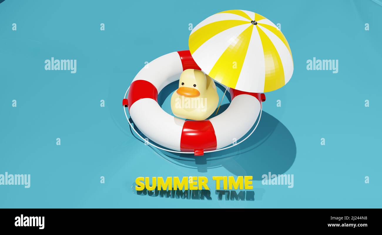 3d rendu. composition marine d'été. canard en caoutchouc. bouée de sauvetage. parasol du soleil. 3d illustration Banque D'Images