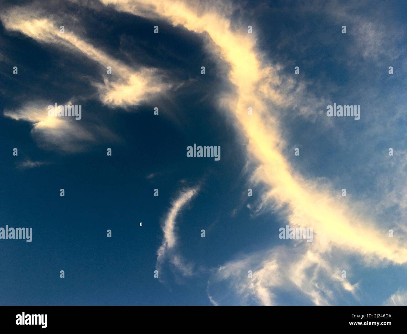 Tourbillon abstrait de nuages de Cirrus ensoleillés contre un ciel bleu profond Banque D'Images