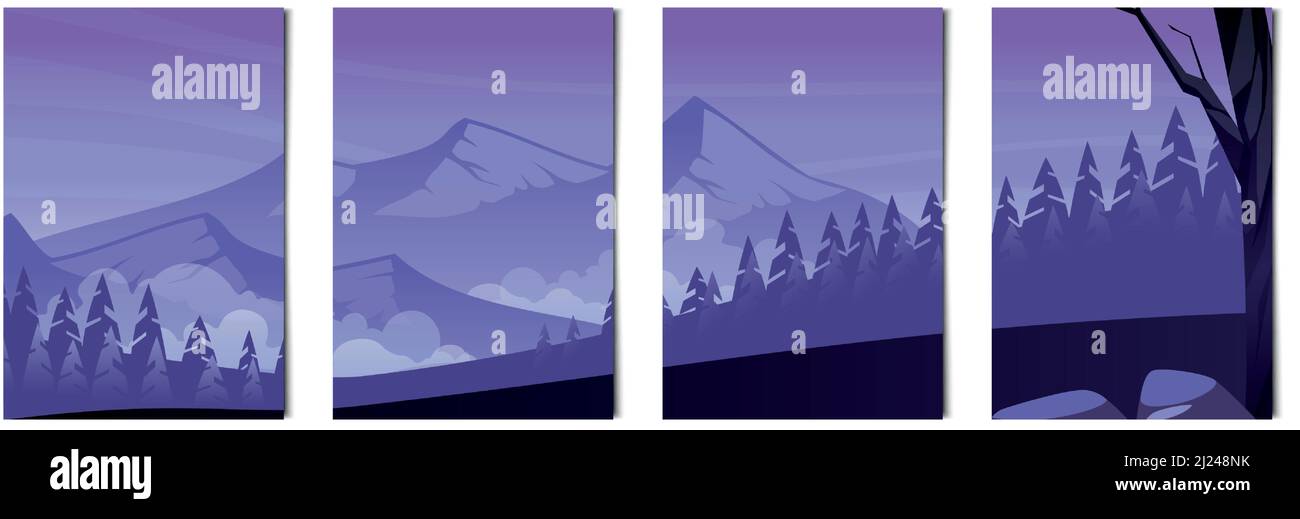 Ensemble de 4 pcs paysages de montagnes et de forêts - illustration vectorielle Illustration de Vecteur