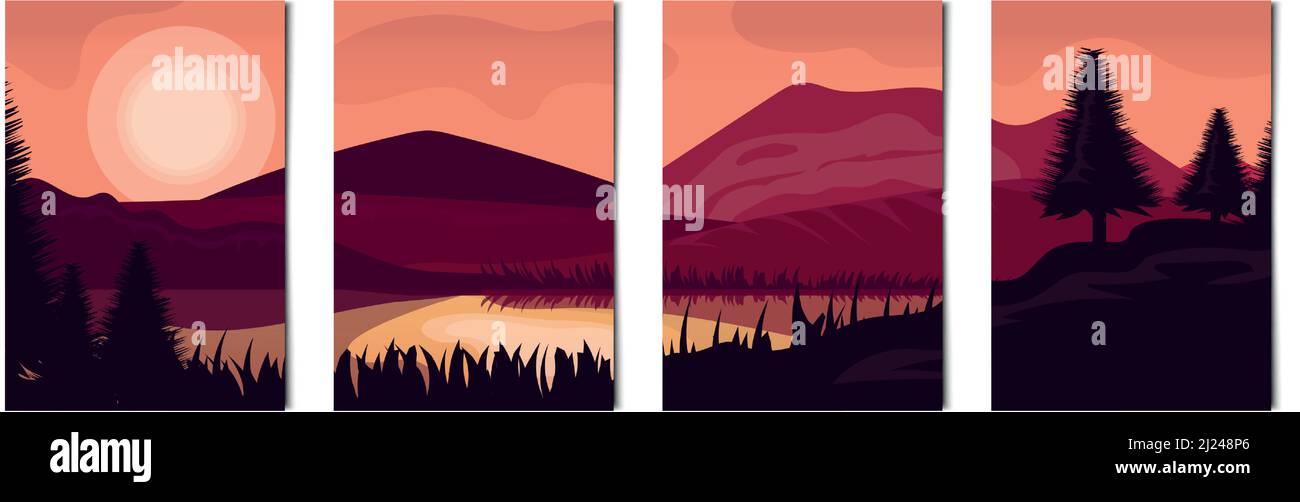Ensemble de 4 pcs paysages de montagnes et de forêts - illustration vectorielle Illustration de Vecteur