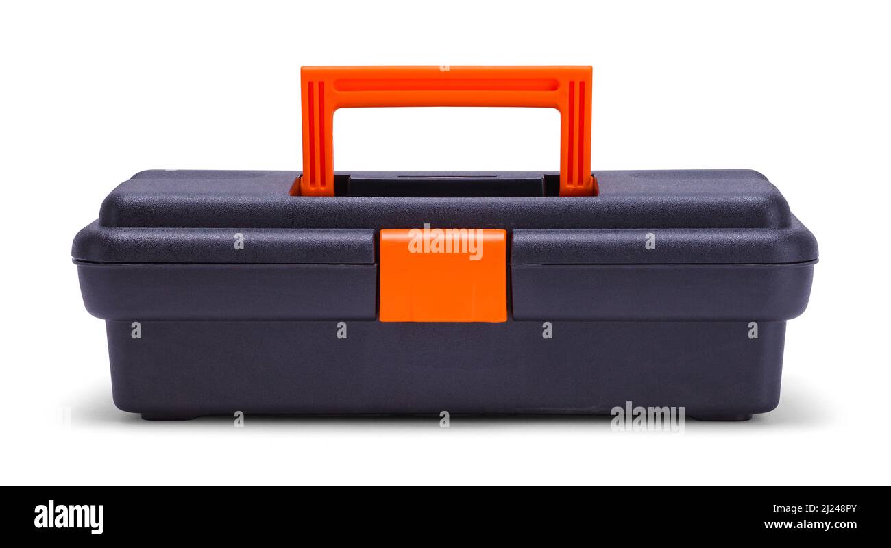 Boîte à outils en plastique noir et orange vue avant découpe sur blanc. Banque D'Images