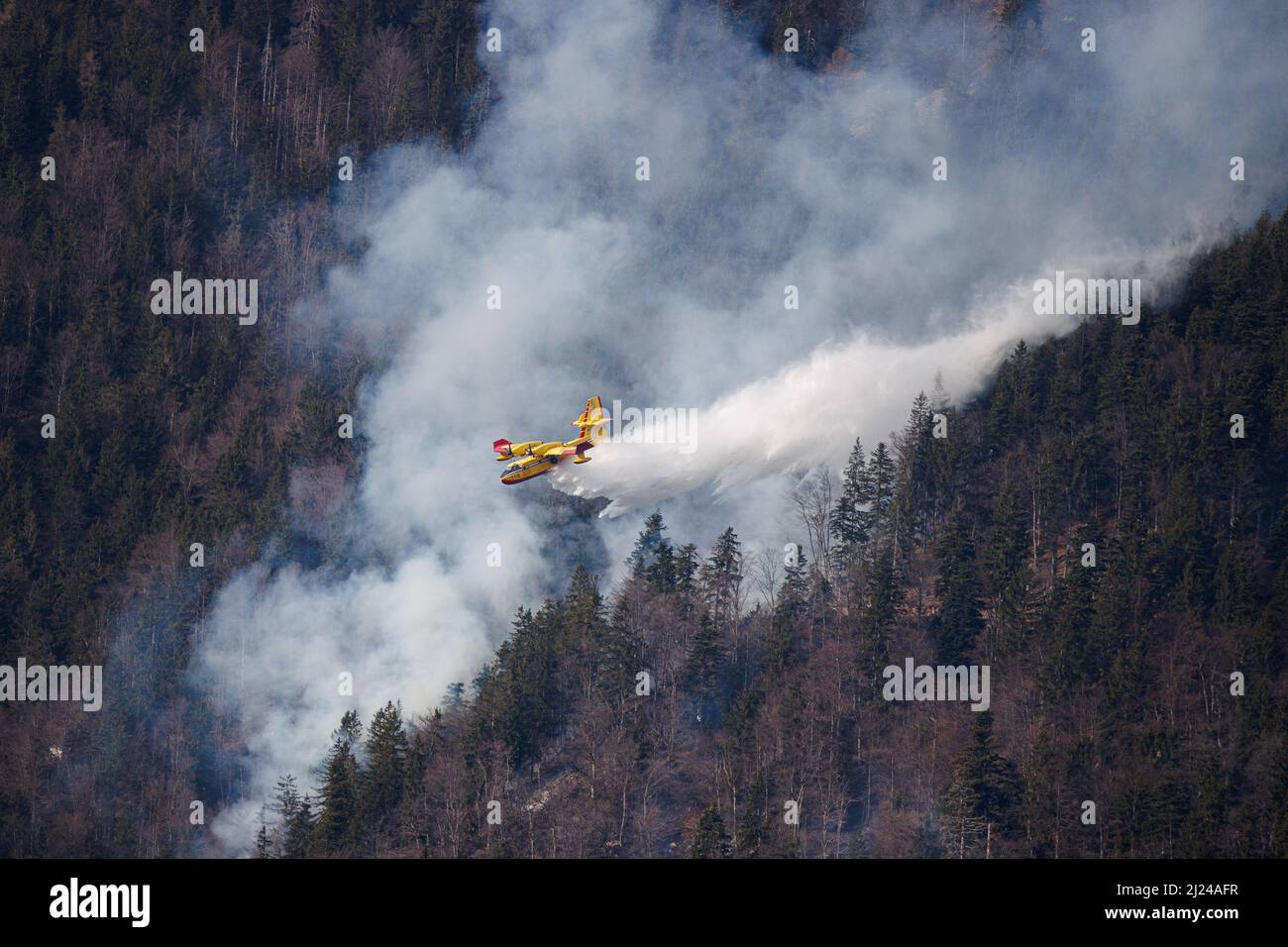 Preddvor, Slovénie, 29/03/2022, Un avion croate de lutte contre les incendies Canadair CL-415 laisse tomber de l'eau lors d'un incendie de forêt près de Predvor après son appel aux pompiers slovènes. La cause de l'un des plus grands incendies de forêt en Slovénie n'est pas connue, mais la sécheresse prolongée dans le pays l'aide à se propager et à continuer sans relâche. Un grand feu de forêt a éclaté dans les collines au-dessus de Predvor, en Slovénie, le 28 mars et a continué de faire rage et de s'étendre. Le feu fait rage en raison de la grave sécheresse dans le pays. Comme la Slovénie n'a pas d'avion de lutte contre l'incendie, la Croatie voisine a envoyé un avion de lutte contre l'incendie de Canadair Banque D'Images