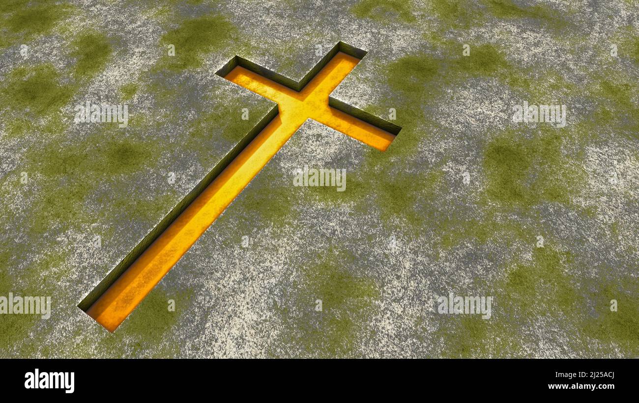 Concept ou croix dorée conceptuelle sur fond de pierre grungy vintage. 3D métaphore de l'illustration pour Dieu, Christ, Christianisme, religieux, foi, hol Banque D'Images