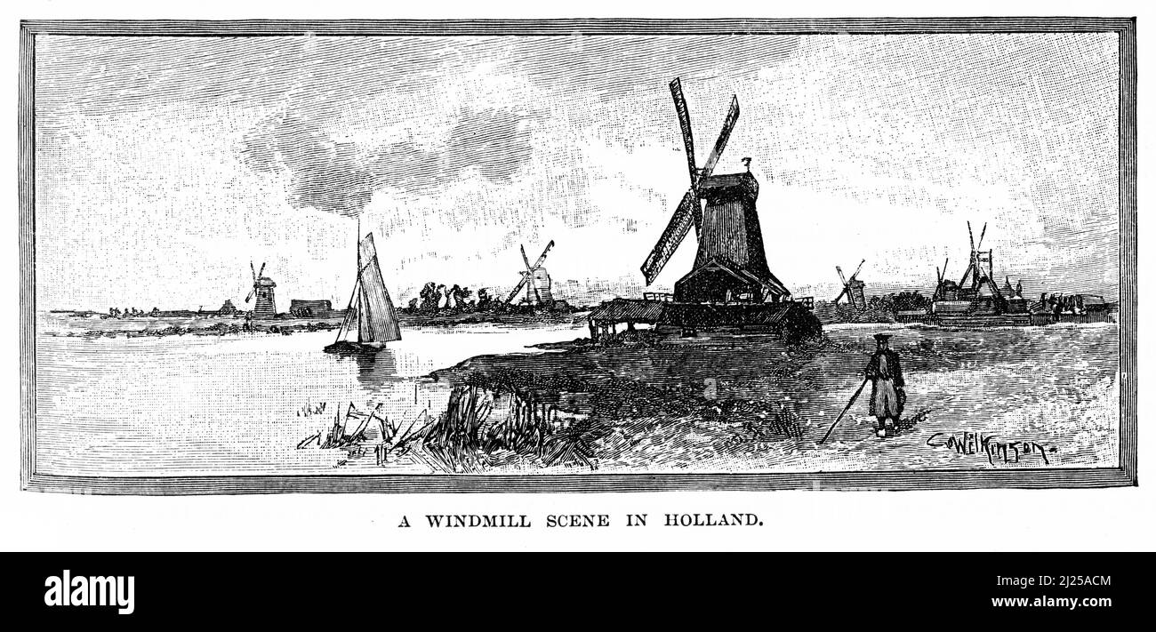 Gravure d'une scène de moulin à vent en Hollande à la fin de 1800s Banque D'Images