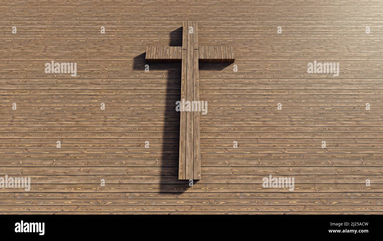 Concept ou croix conceptuelle sur fond de bois naturel ou de texture en bois. métaphore de l'illustration 3d pour Dieu, Christ, Christianisme, religieux, foi, Banque D'Images