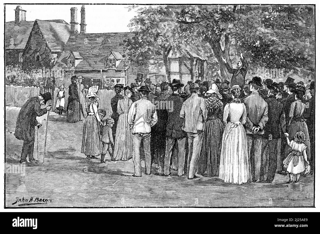 Gravure d'un homme prêchant dans le village vert, vers 1890 Banque D'Images