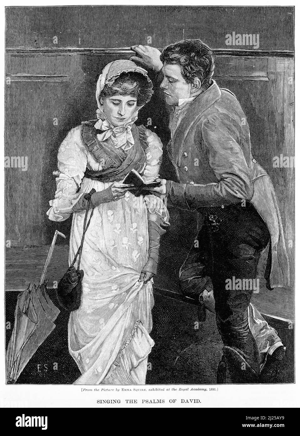 Gravure d'un jeune couple lisant un livre ensemble Banque D'Images