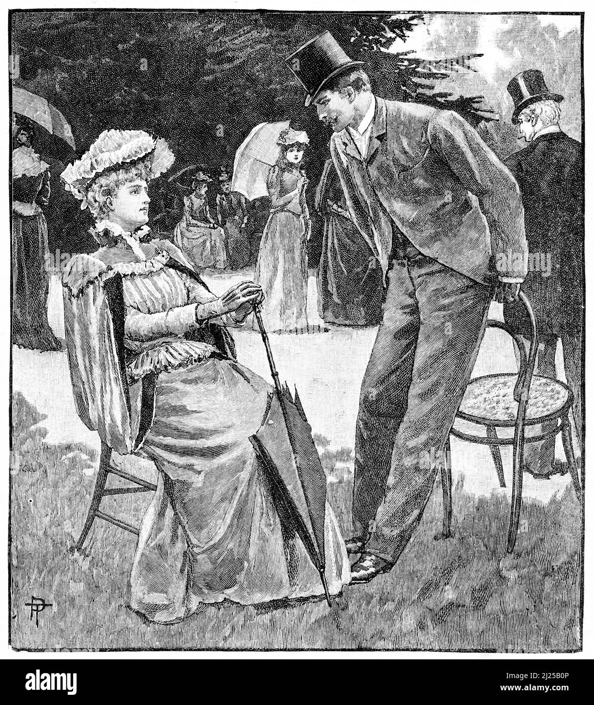 Gravure d'un jeune couple dans un cadre victorien Banque D'Images