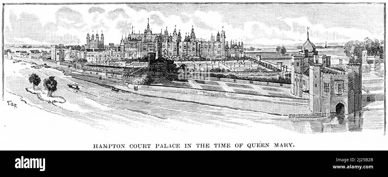 Gravure du palais de Hampton court à l'époque de la reine Marie Banque D'Images