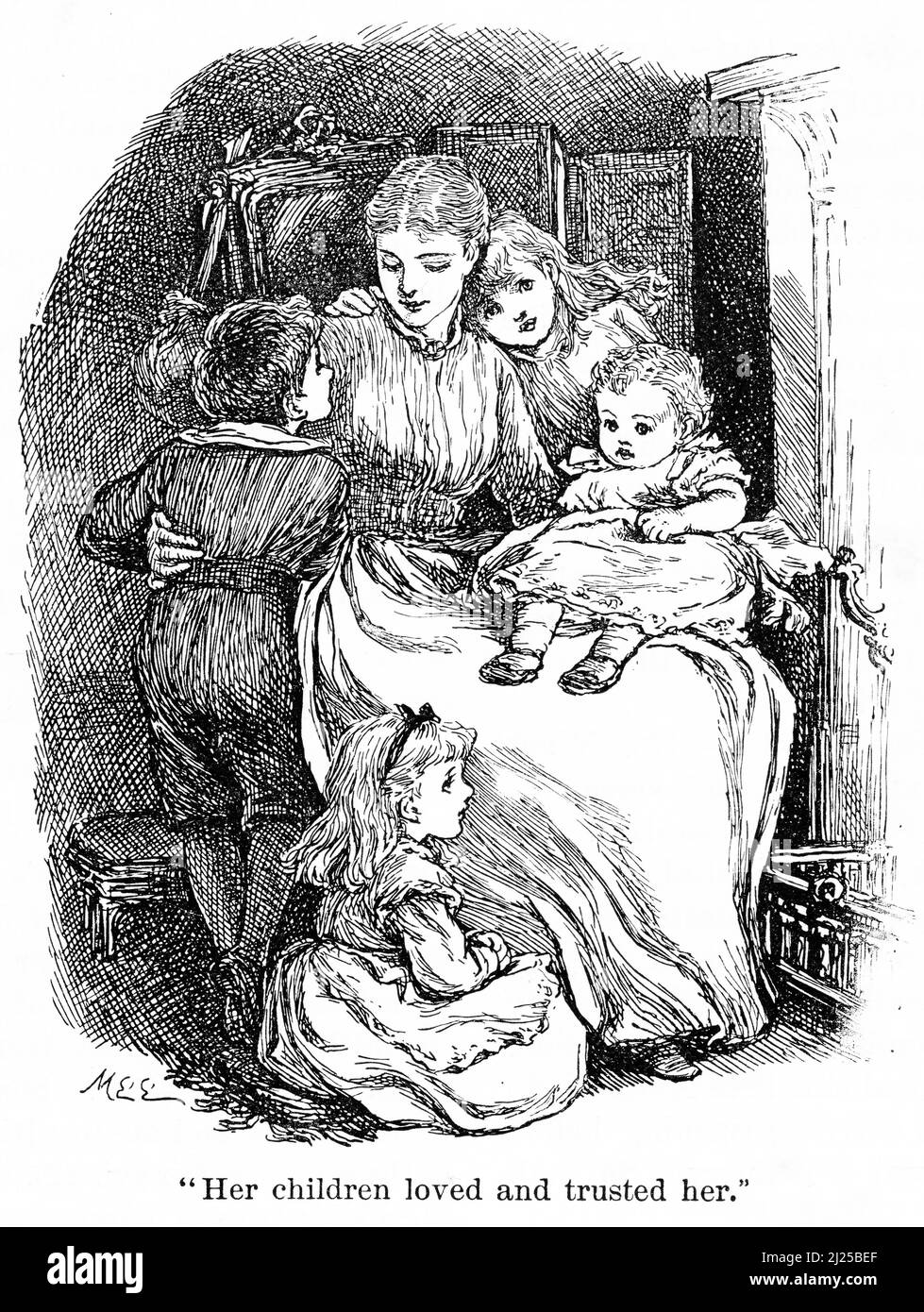 Gravure d'une mère aimante et de ses enfants affectueux, vers 1890 Banque D'Images