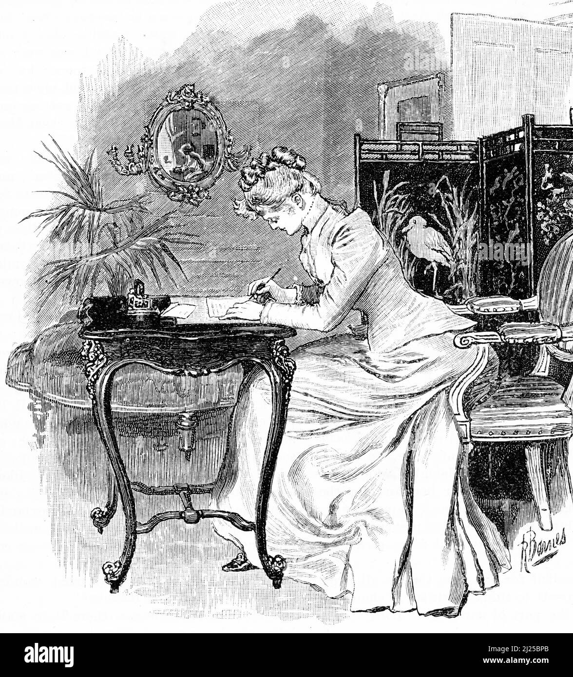 Gravure d'une jeune femme écrivant une lettre, vers 1890 Banque D'Images