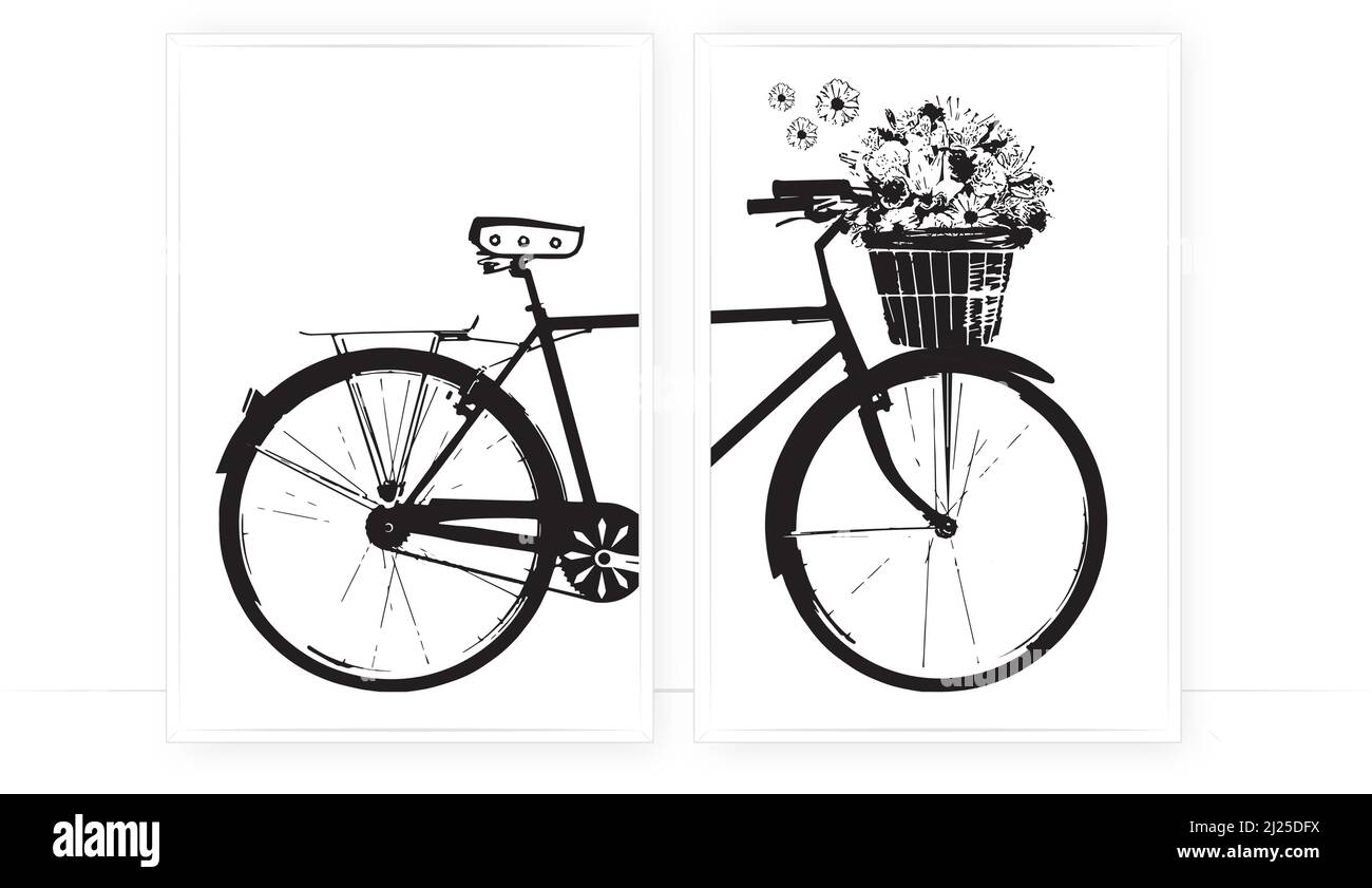 Vélo avec panier de fleurs illustration isolée sur fond blanc, vecteur. Affiche minimaliste en deux pièces. Art mural noir et blanc, œuvres d'art. Illustration de Vecteur