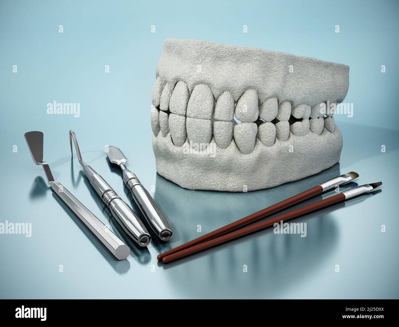 Modèle de dents artificielles, outils de modélisation et de peinture. 3D illustration. Banque D'Images