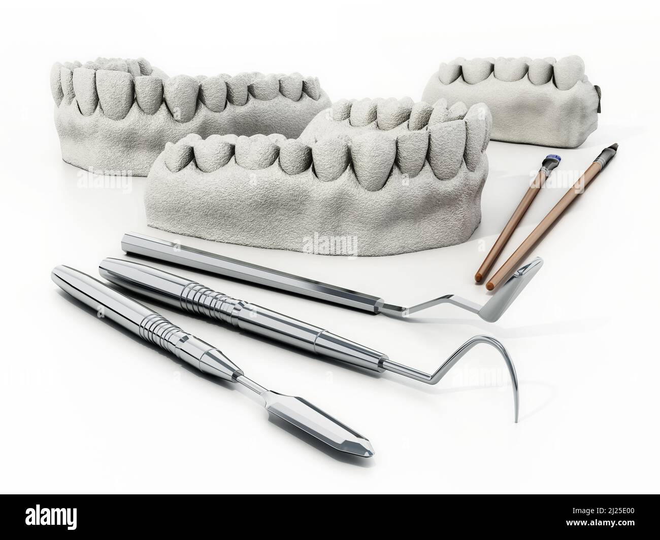 Modèle de dents artificielles, outils de modélisation et de peinture isolés sur fond blanc. 3D illustration. Banque D'Images