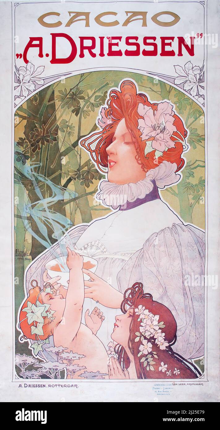 Vintage Art Nouveau par Henri Privat-Livemont - Caçao A. Driessen (1900). Ancienne affiche publicitaire. Banque D'Images