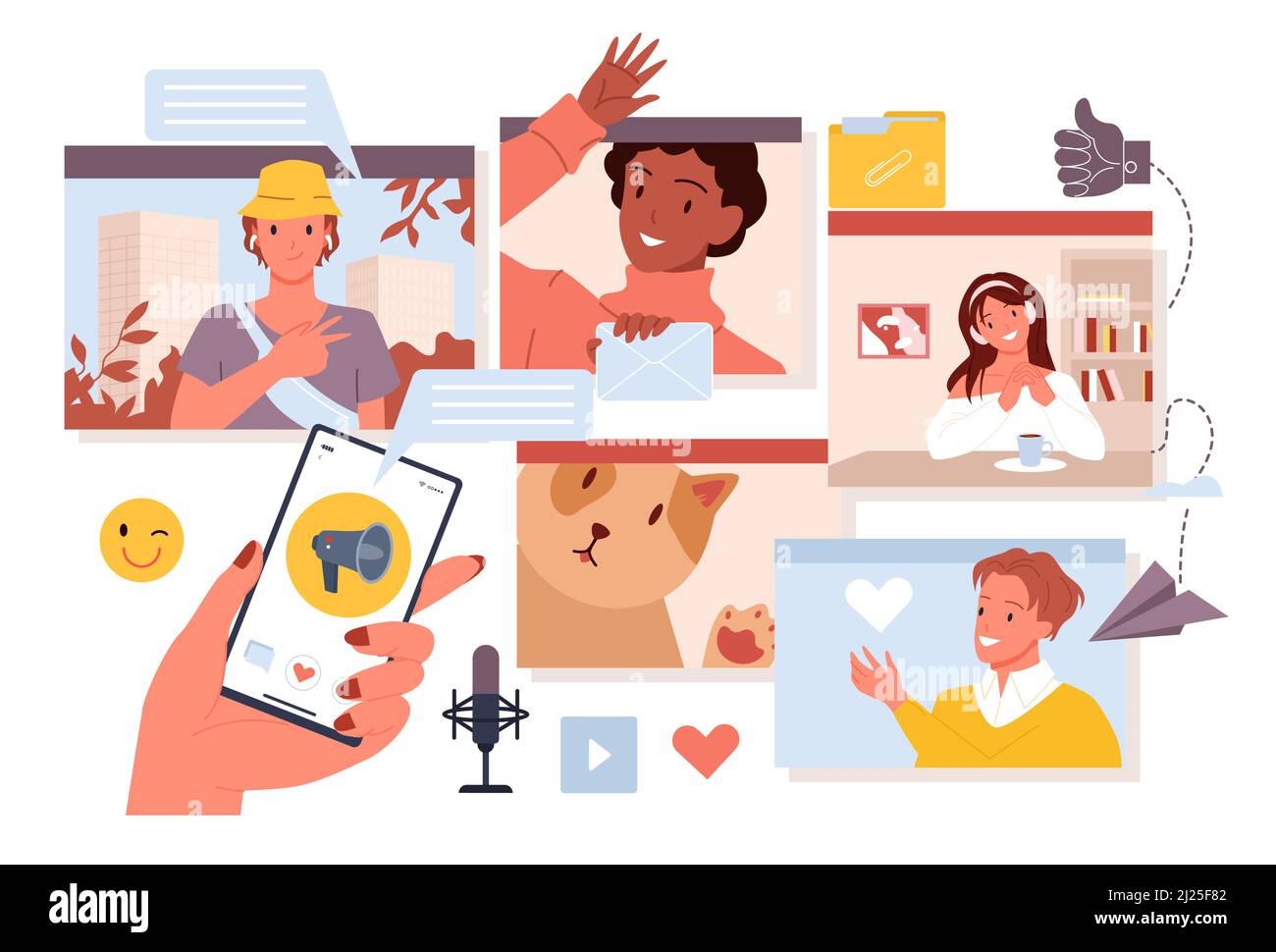 Appel vidéo, chat vocal avec des messages de la famille et des amis, des personnes en conférence en ligne Illustration de Vecteur