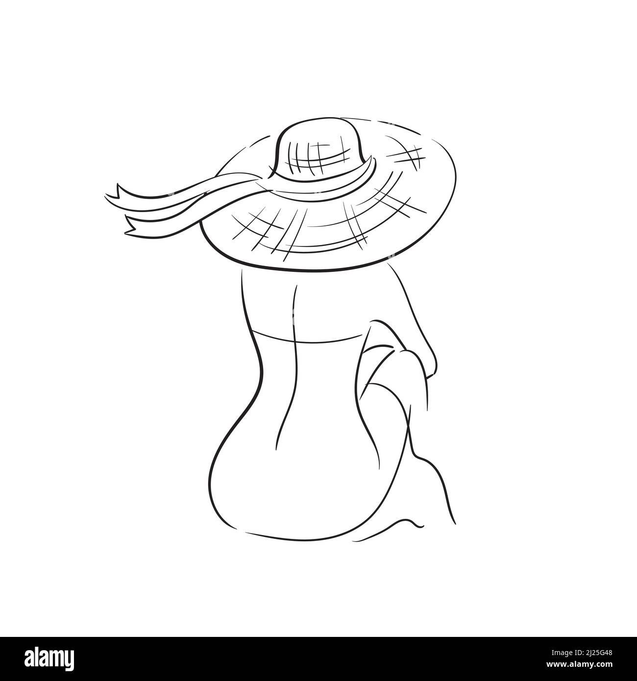 Une femme dans un chapeau est assise avec son dos. Illustration vectorielle de stock isolée sur fond blanc. Illustration de Vecteur
