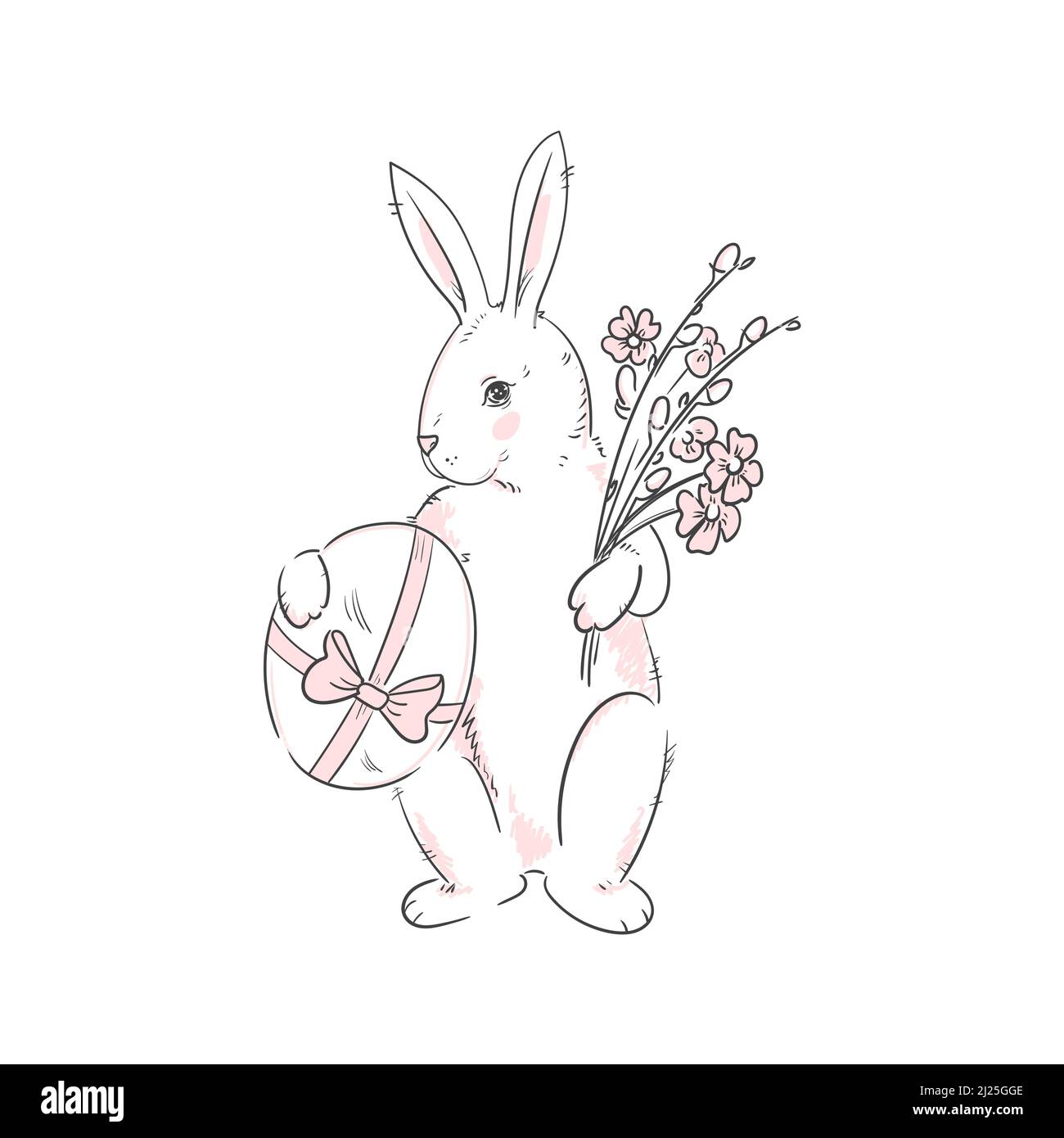 Lapin de Pâques avec un œuf, un saule et des fleurs. Illustration vectorielle de stock linéaire isolée sur fond blanc, contour lapin de pâques. Illustration de Vecteur