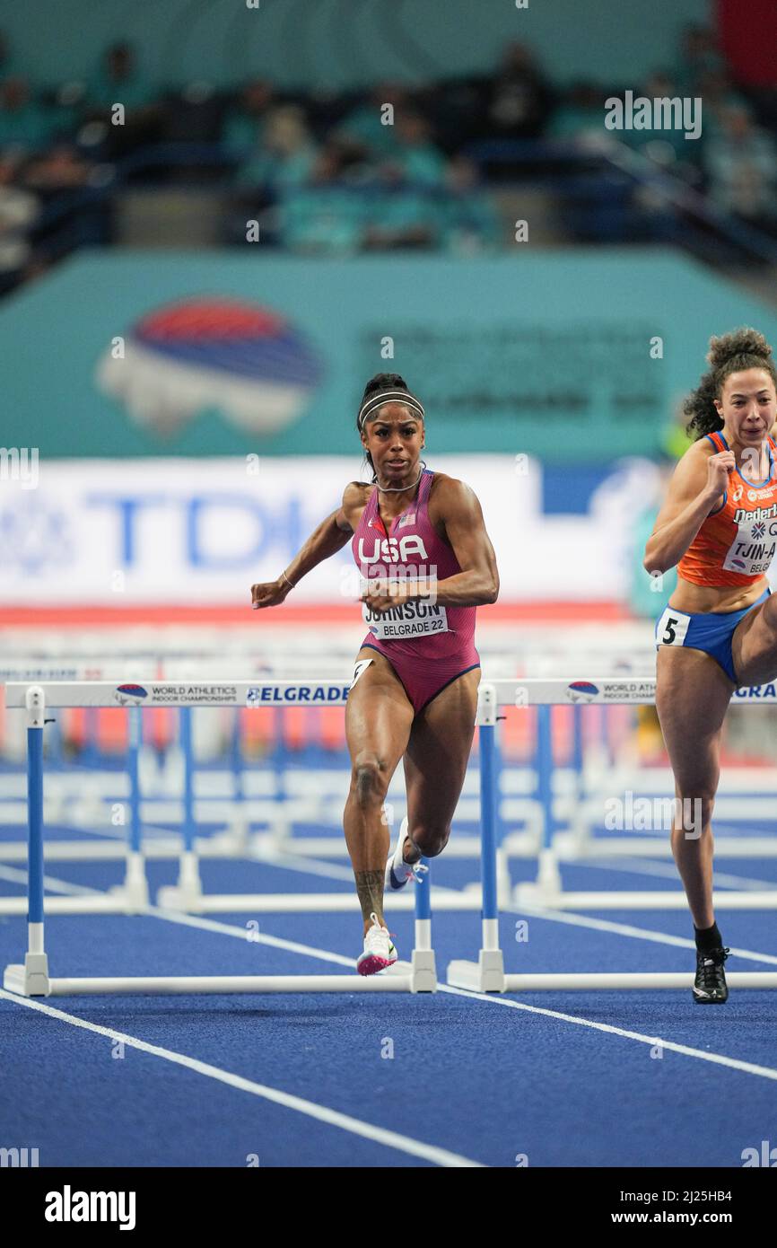 Alaysha Johnson participant aux Championnats du monde en salle de Belgrade 2022 dans les 60m haies. Banque D'Images