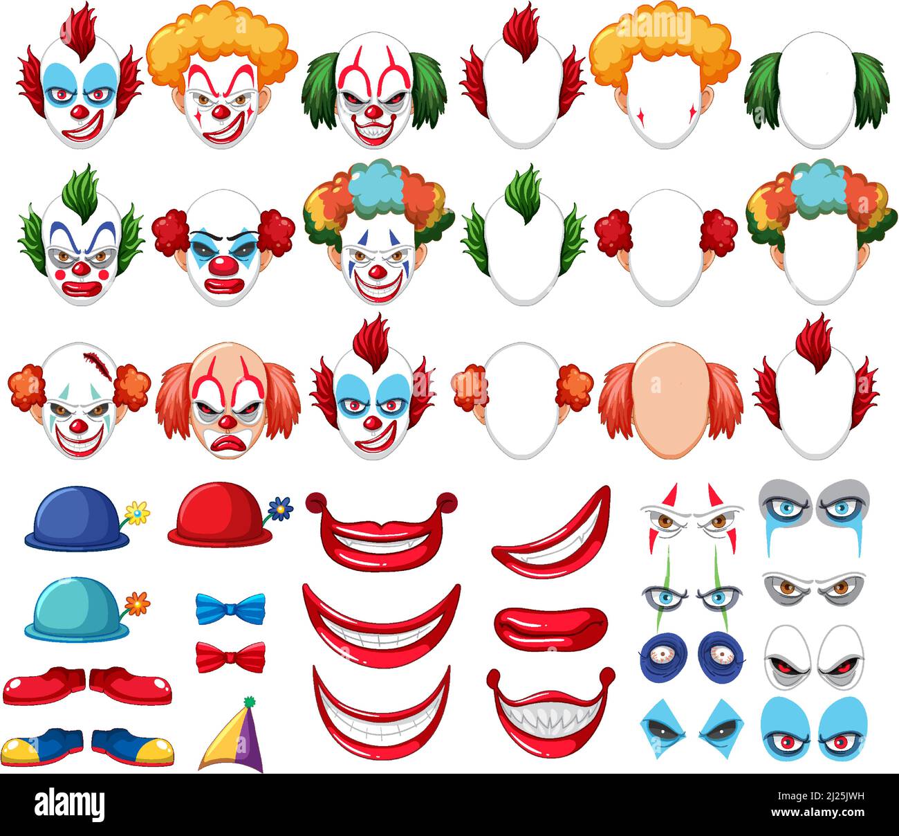 Ensemble d'illustrations d'expression faciale clown Illustration de Vecteur