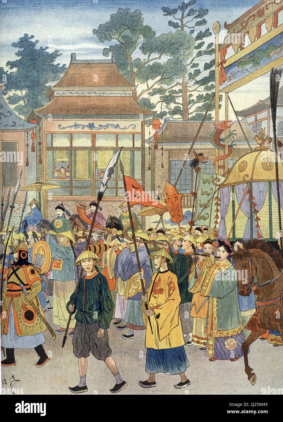 Allegorie de l'ancien hymne chinois representant l'empereur dans un palanquin : hommage composer par Julius Benedict (ancien hymne chinois) Illustration tiree de 'les chants nationaux de tous les payss' de Job et Montorgueil Collection privee Banque D'Images