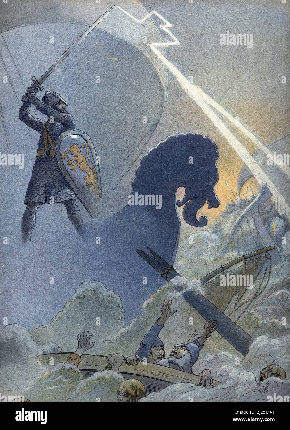 Allegorie de l'hymne danois representant un guerrier sur ujn drakar (allégorie de l'hymne danois) Illustration tiree de 'les chants nationaux de tous les payss' de Job et Montorgueil Collection privee Banque D'Images