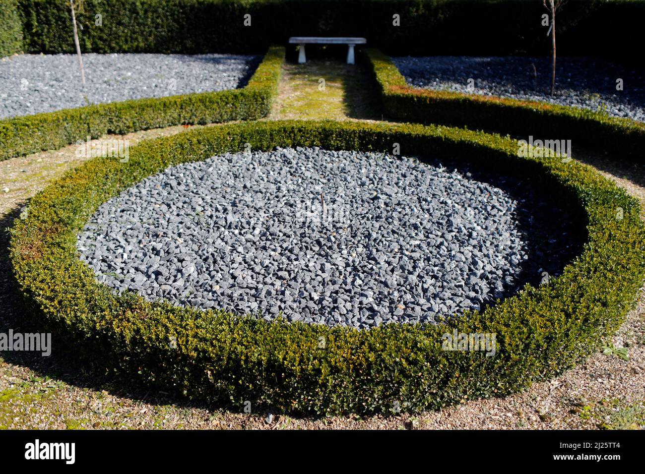 Décoration de buis et de pierres dans un jardin. Banque D'Images